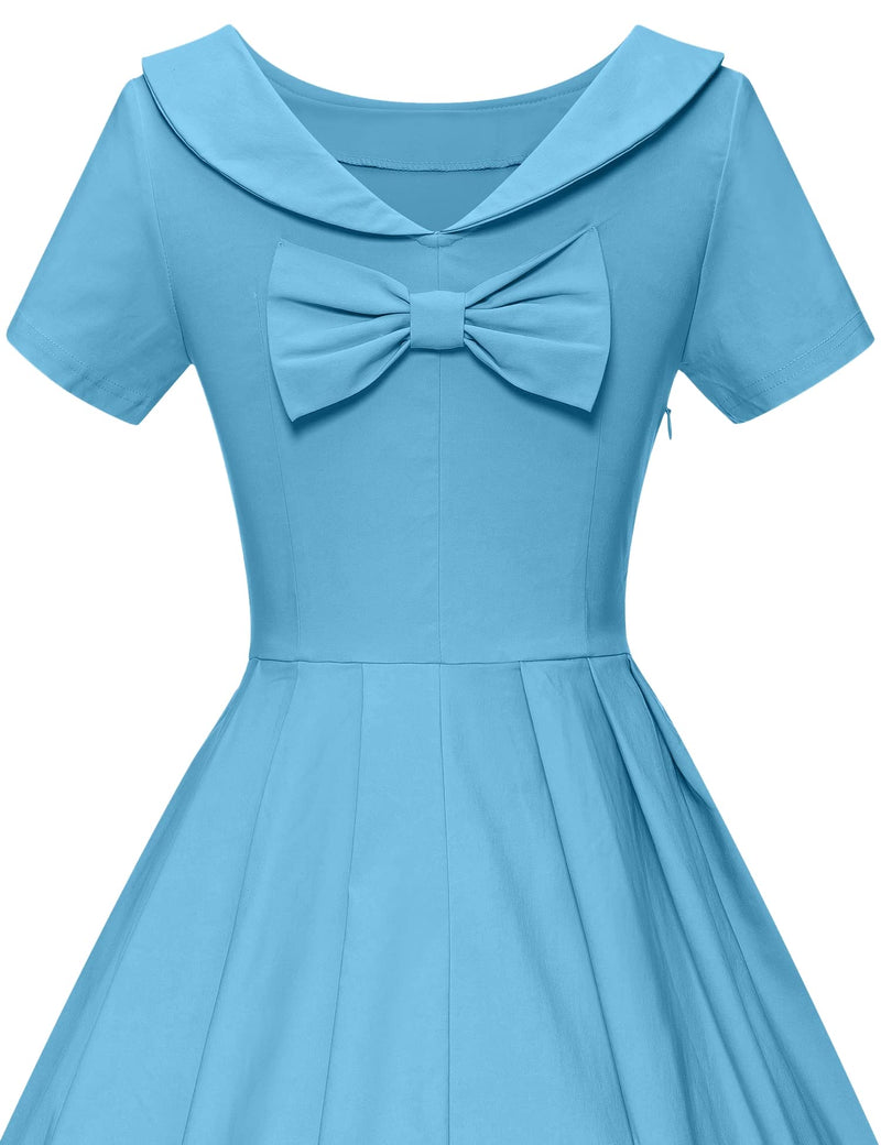 1950s  Skyblue Roll Collar Swing Dress With Pockets - Gowntownvintage