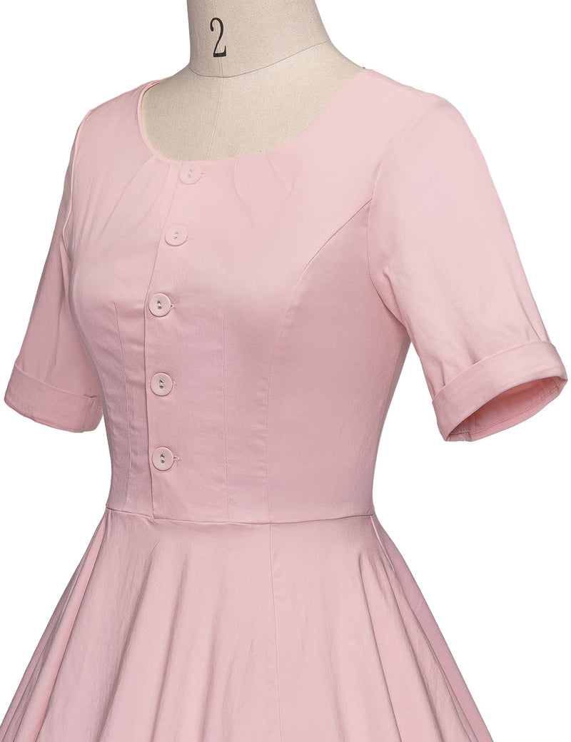 40s Women`s Scoop Collar Pink Shirtwaist Swing Dress With Pockets - Gowntownvintage