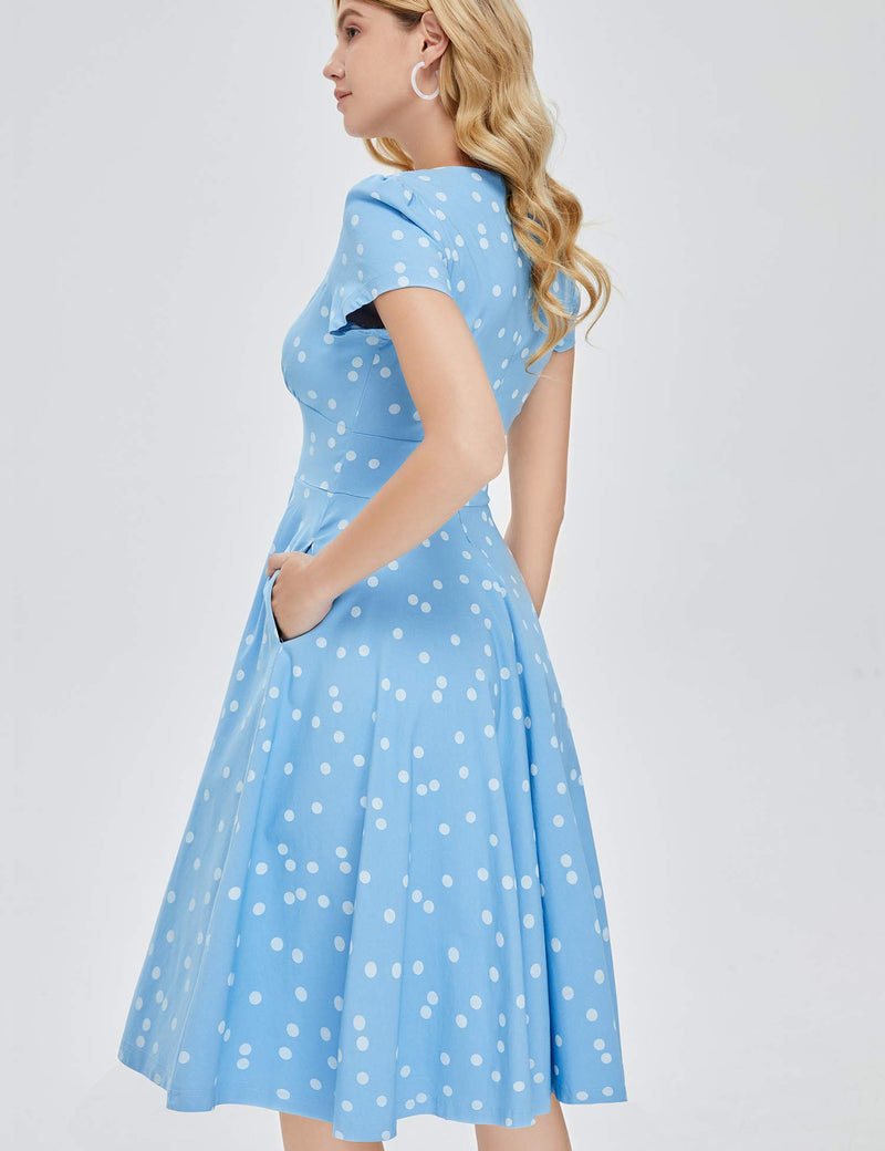 50s  Lightblue Dot  Faux Wrap Top Vneckline Retro Party Swing Dress With Pockets