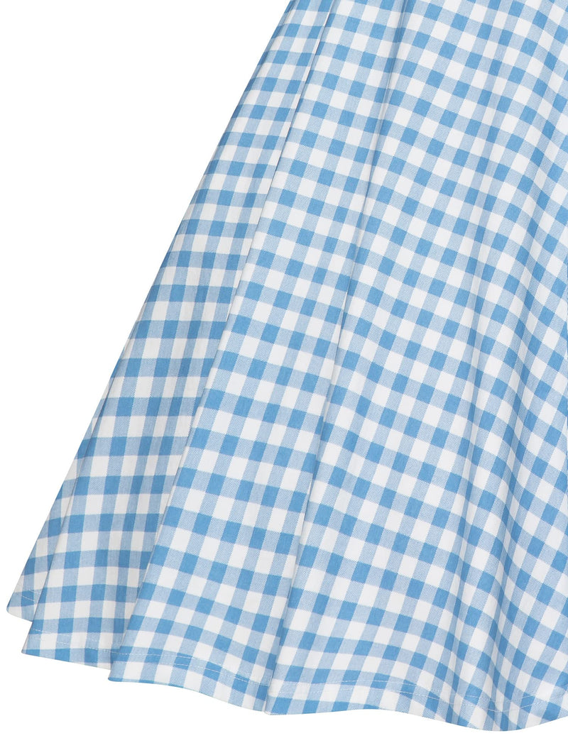 50s Women`s Scoop Collar Blue Plaid Swing Dress With Pockets - Gowntownvintage