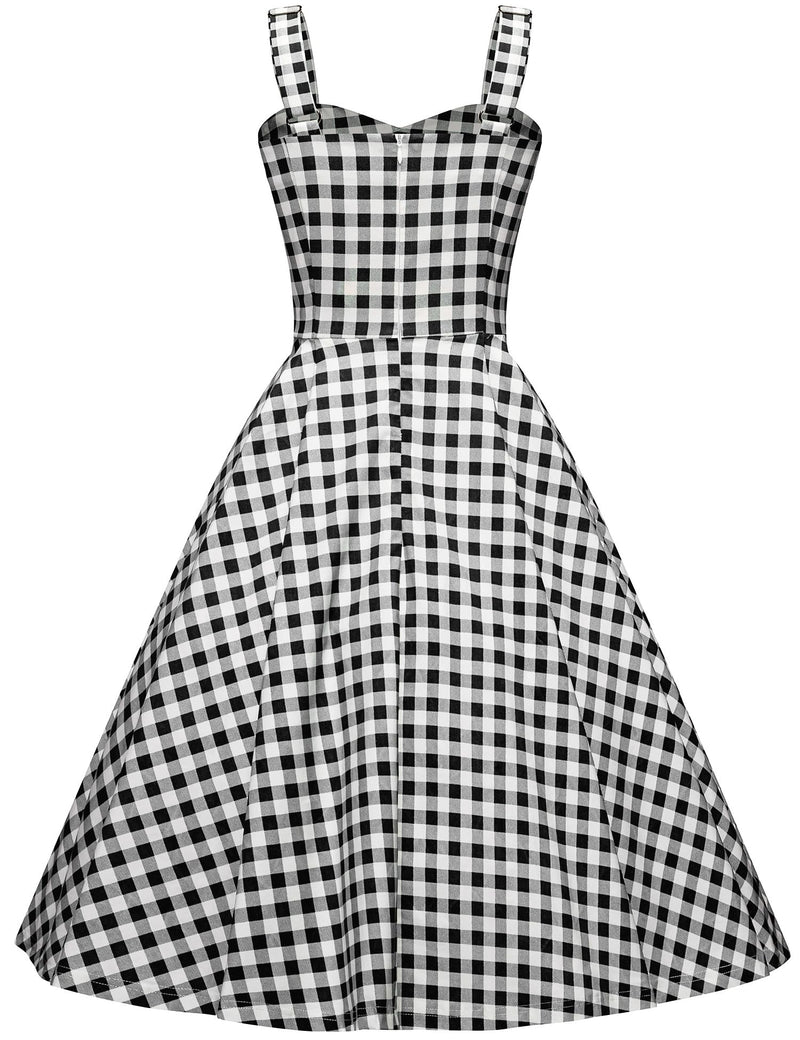 1950s Sweet Heart Neckline Black Plaid Strap Swing Dress With Pockets - Gowntownvintage