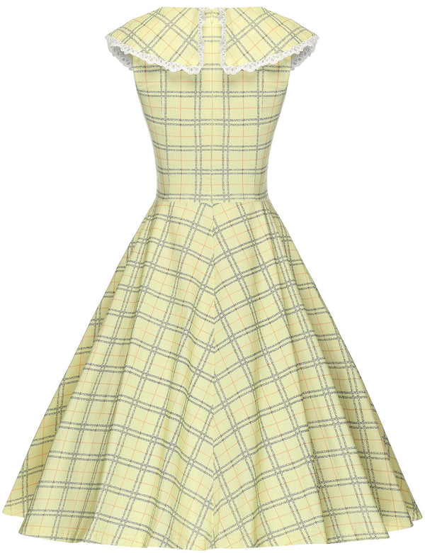 50s Womens Yellow Plaid Cape Lace Trim Collar Rockabilly Prom Dress With Pockets - Gowntownvintage