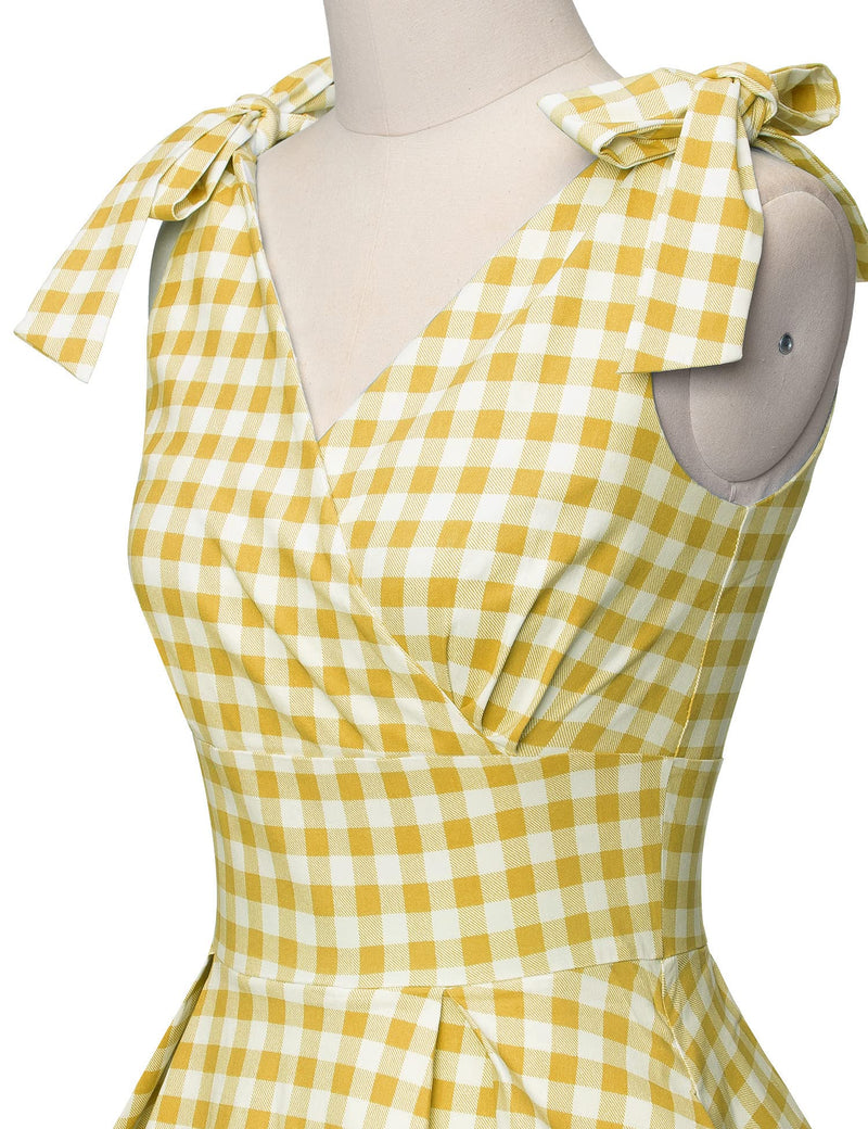 1950s Womens Adjustable Strap Yellowplaid Swing Dress With Pockets - Gowntownvintage