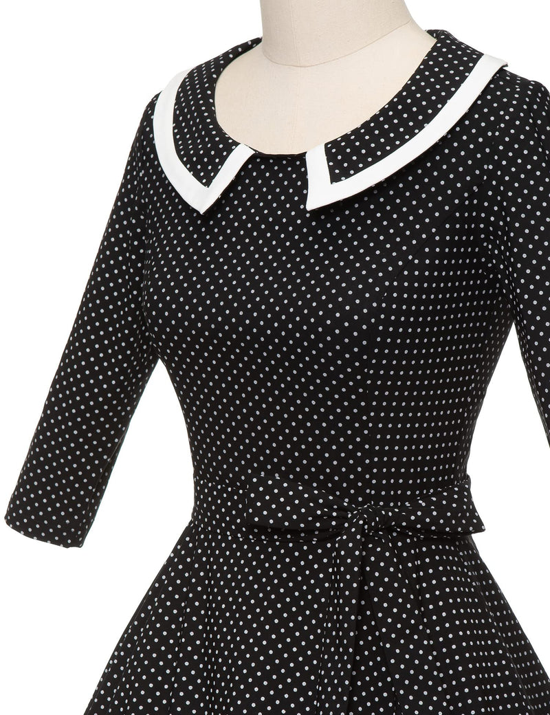 50s Women`s  Blackdot  Peter Pan Collar Long Sleeve Party Dress With Pockets - Gowntownvintage