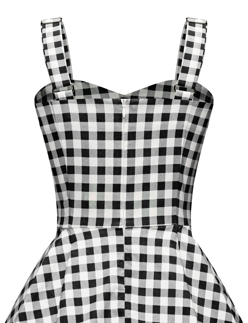 1950s Sweet Heart Neckline Black Plaid Strap Swing Dress With Pockets - Gowntownvintage