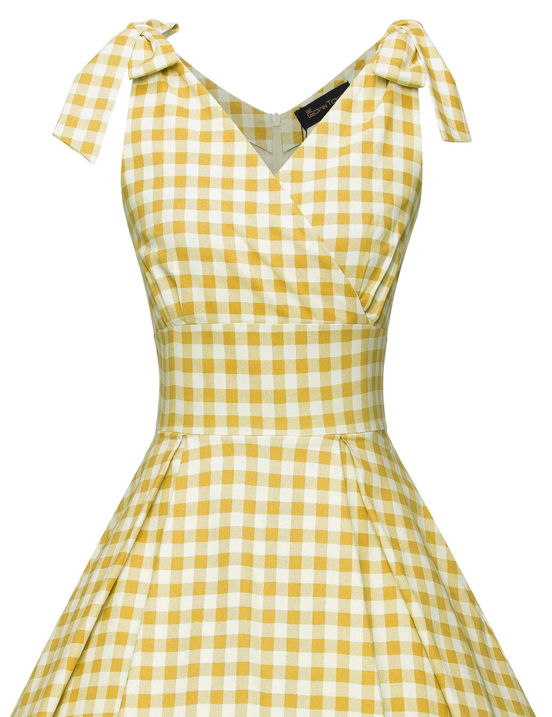 1950s Womens Adjustable Strap Yellowplaid Swing Dress With Pockets - Gowntownvintage