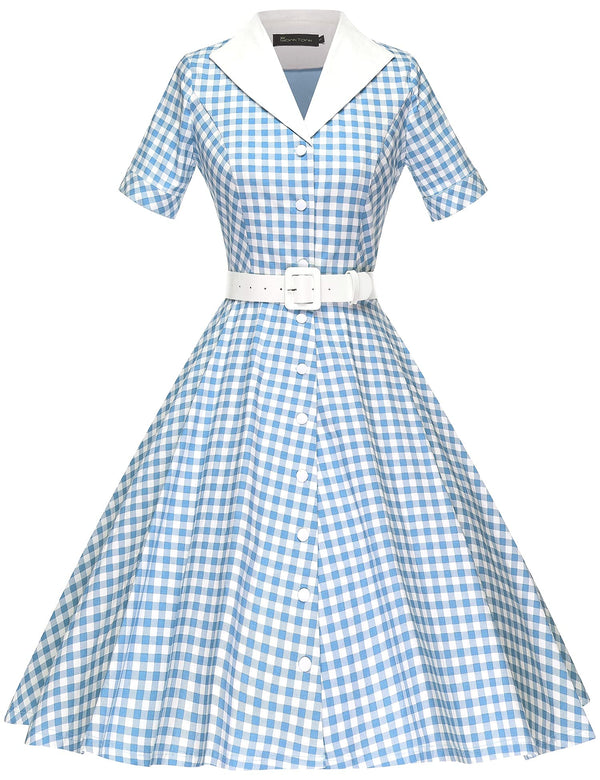 1950s Lapel Collar Vneckline  Blueplaid Shirtwaist Vintage Dress With Belts&Pockets - Gowntownvintage