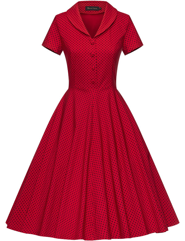 40s 50s Lapel Collar Reddot Vneckline Shirtwaist Vintage Dress With Pockets - Gowntownvintage