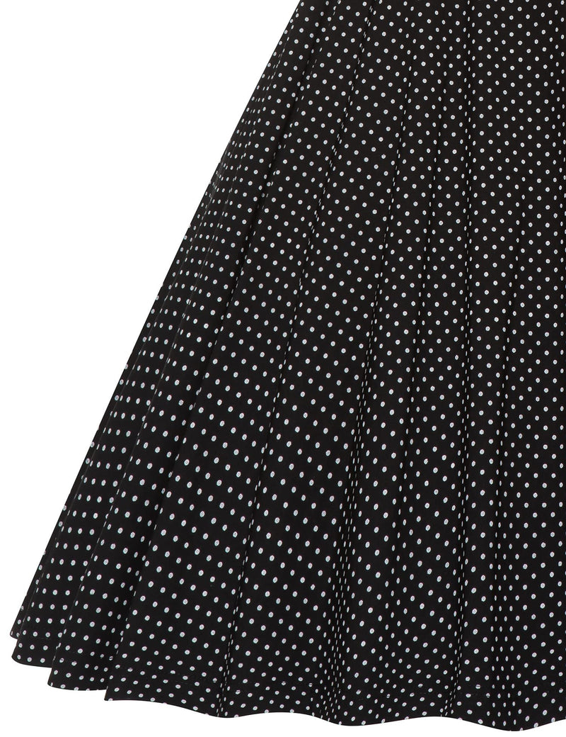 50s Women`s  Blackdot  Peter Pan Collar Long Sleeve Party Dress With Pockets - Gowntownvintage