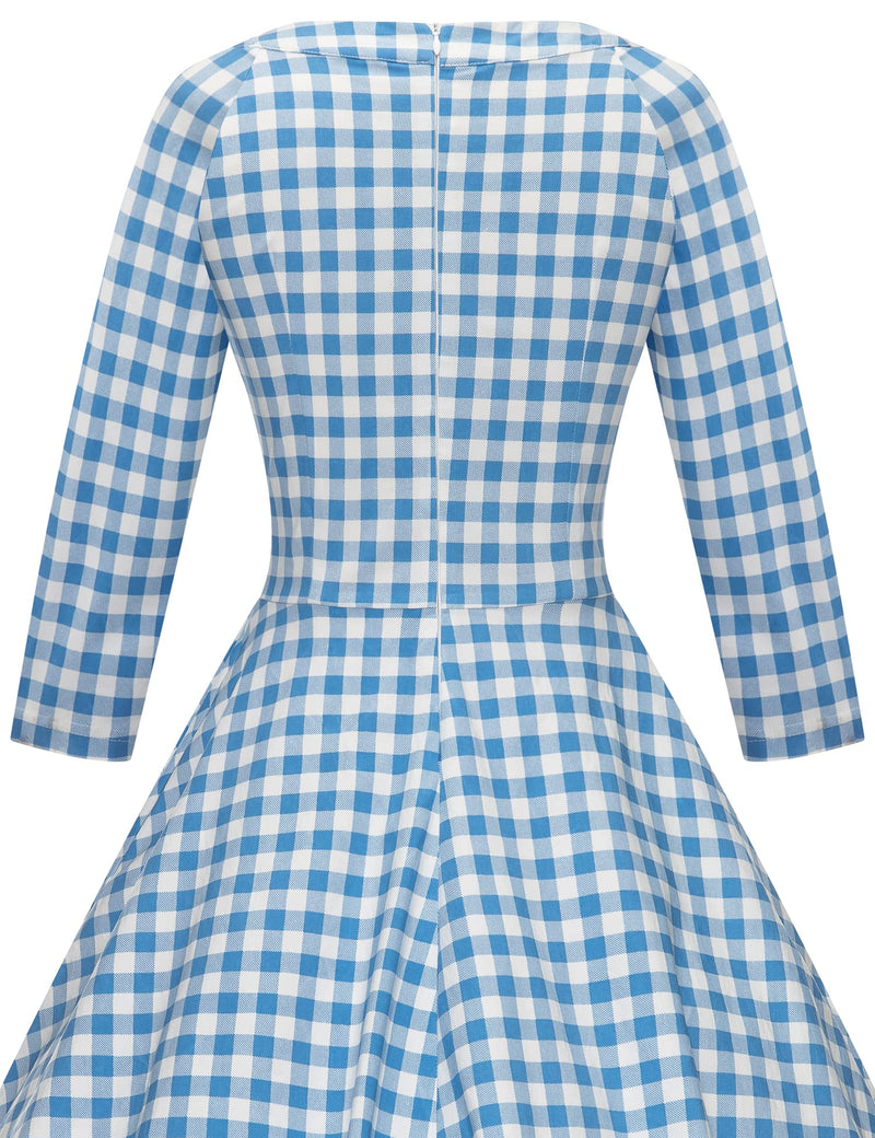 50s Women`s Lightblue Plaid  O neckline Front Bowknot Tie Swing Dress With Pockets - Gowntownvintage