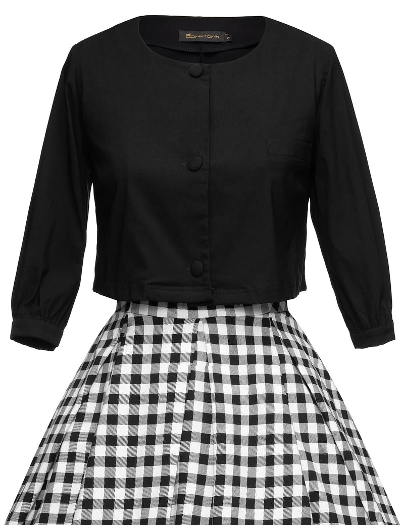 Women`s 1950s Black Plaid Audrey Hepburn Style Tea Dress With Jacket - Gowntownvintage