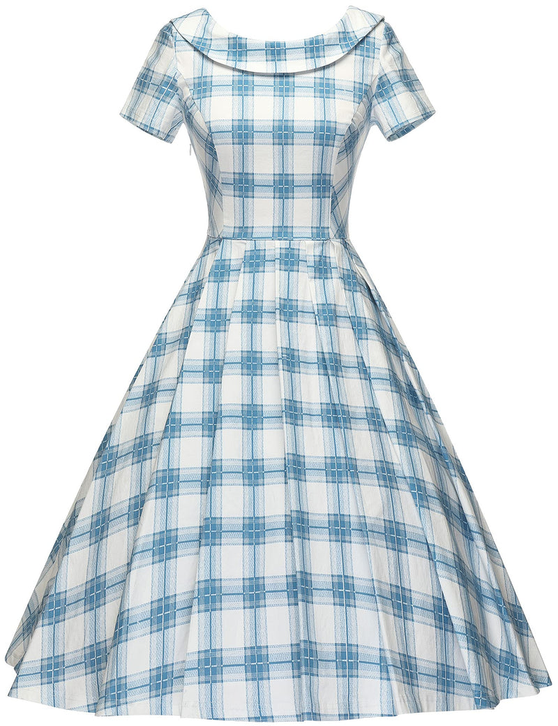1950s  Blueplaid Roll Collar Swing Dress With Pockets - Gowntownvintage