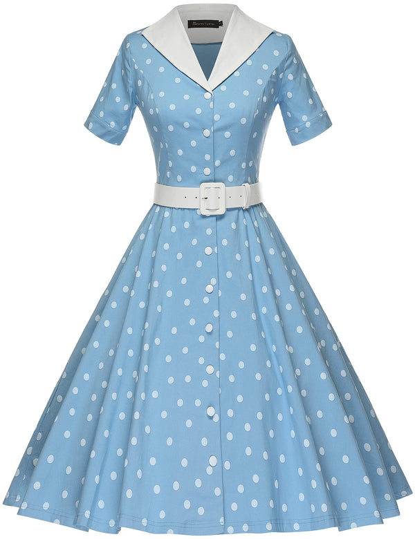 Lightblue dot lapel collar shirtwaist swing dress with pockets