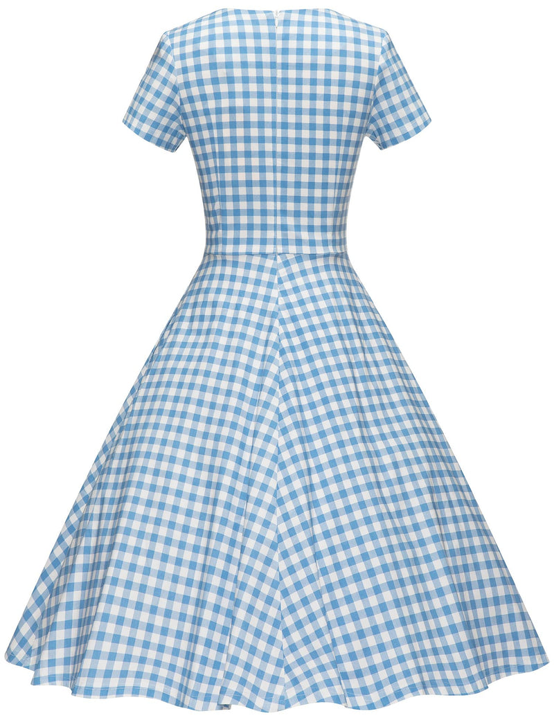 Women`s 50s Lightblue Plaid Inserted V waistline Vintage Party Dress With Pockets - Gowntownvintage