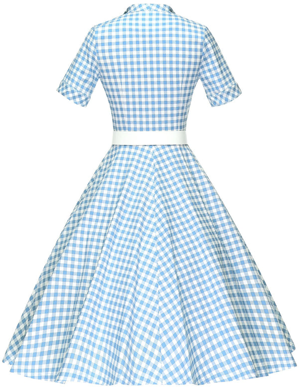 1950s Lapel Collar Vneckline  Blueplaid Shirtwaist Vintage Dress With Belts&Pockets - Gowntownvintage