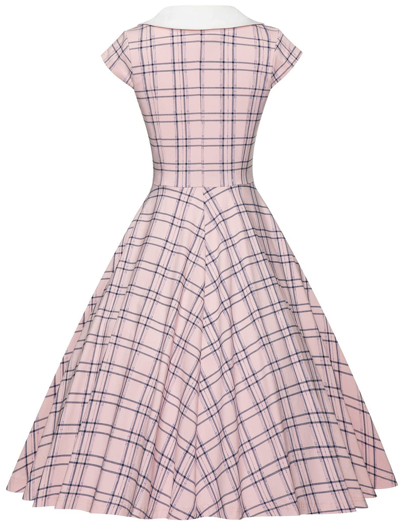 1940s 50s  Peter Pan Collar Plaid  Shirtwaist Vintage Swing Dress With Pockets - Gowntownvintage