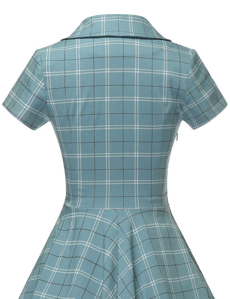 40s 50s Lapel Collar Blueplaid Vneckline Shirtwaist Vintage Dress With Pockets - Gowntownvintage