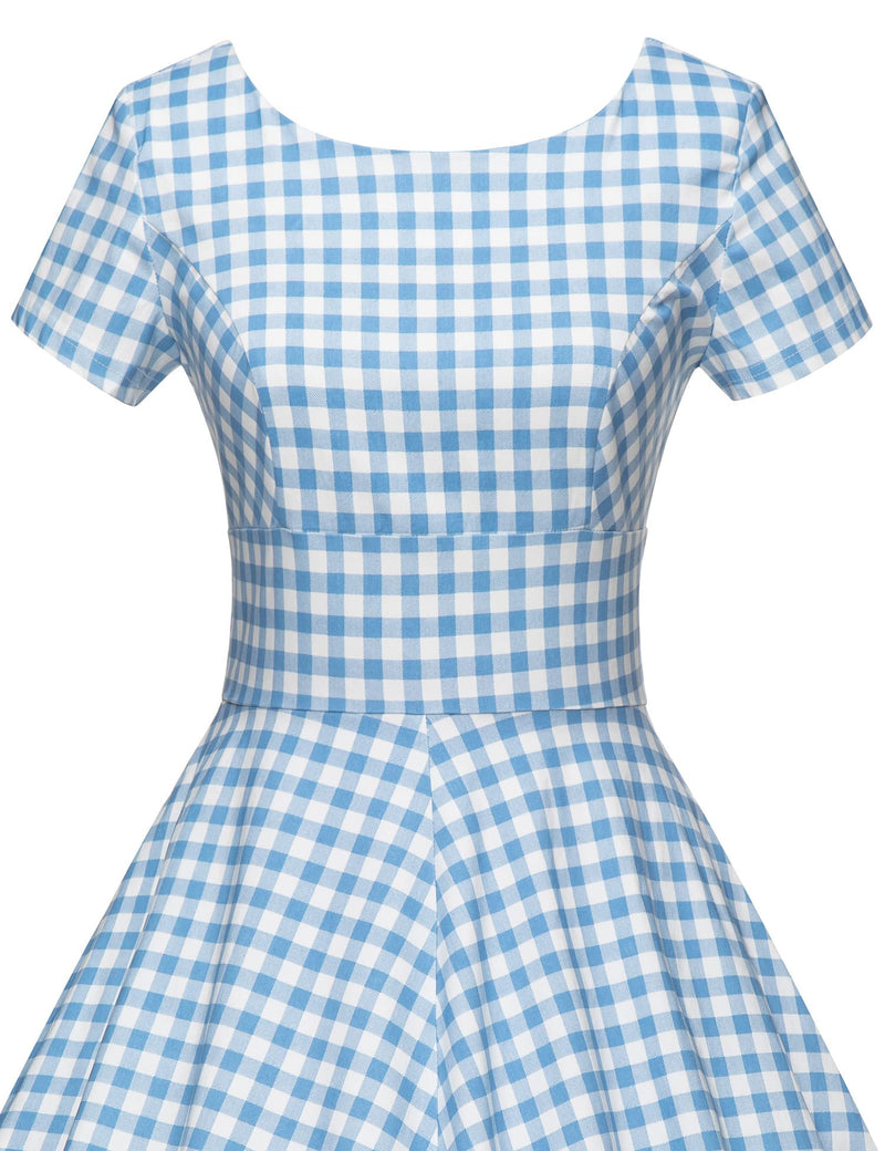 50s Women`s Scoop Collar Blue Plaid Swing Dress With Pockets - Gowntownvintage