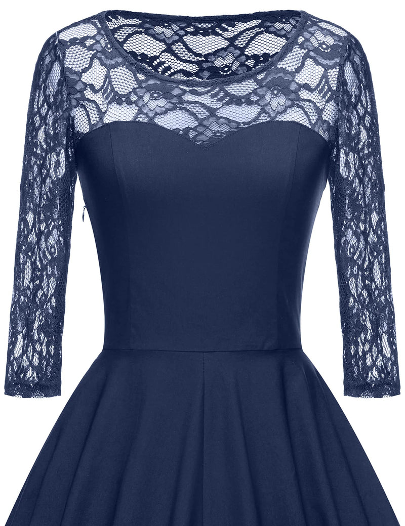 50s Darkblue Semi-transparent Lace Top  Long Sleeve Party Swing Dress With Pockets