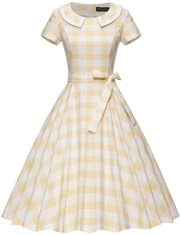 50s  Women`s Retro Dress Yellowplaid Peter Pan Collar Swing Dress With Pockets - Gowntownvintage