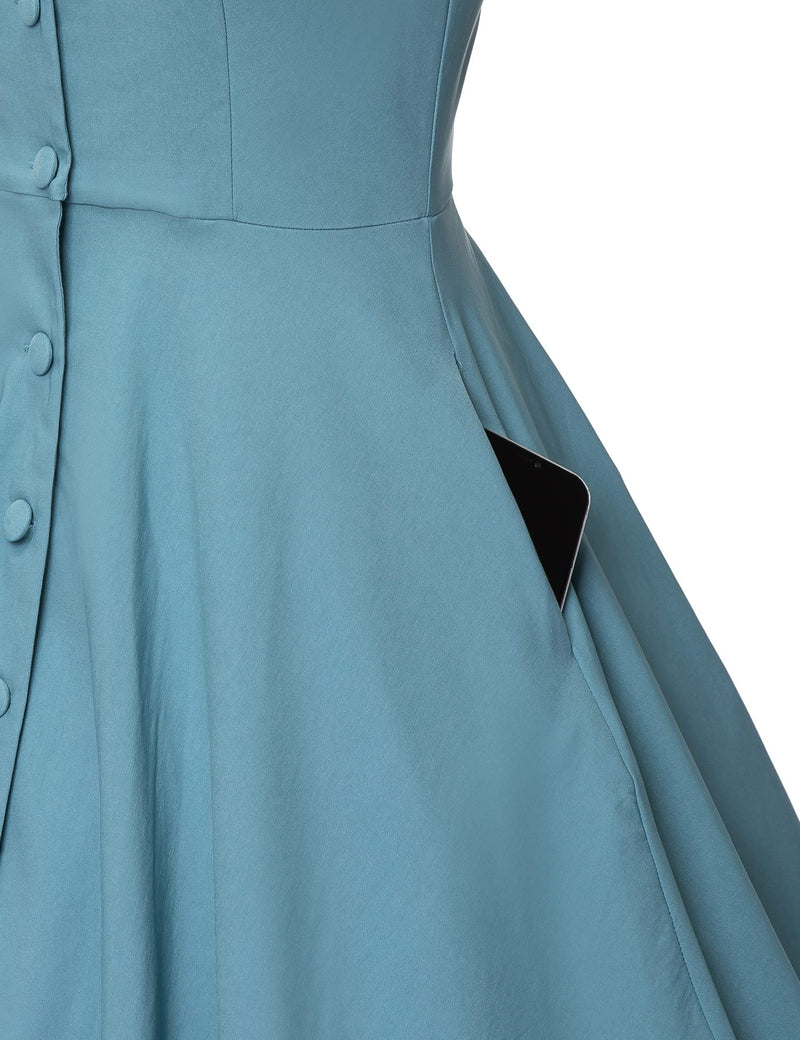 1940s 50s  Peter Pan Collar Blue Shirtwaist Vintage Swing Dress With Pockets - Gowntownvintage