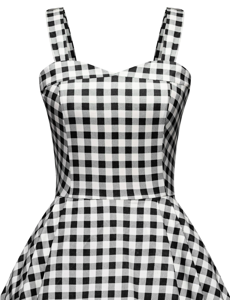 1950s Sweet Heart Neckline Black Plaid Strap Swing Dress With Pockets - Gowntownvintage