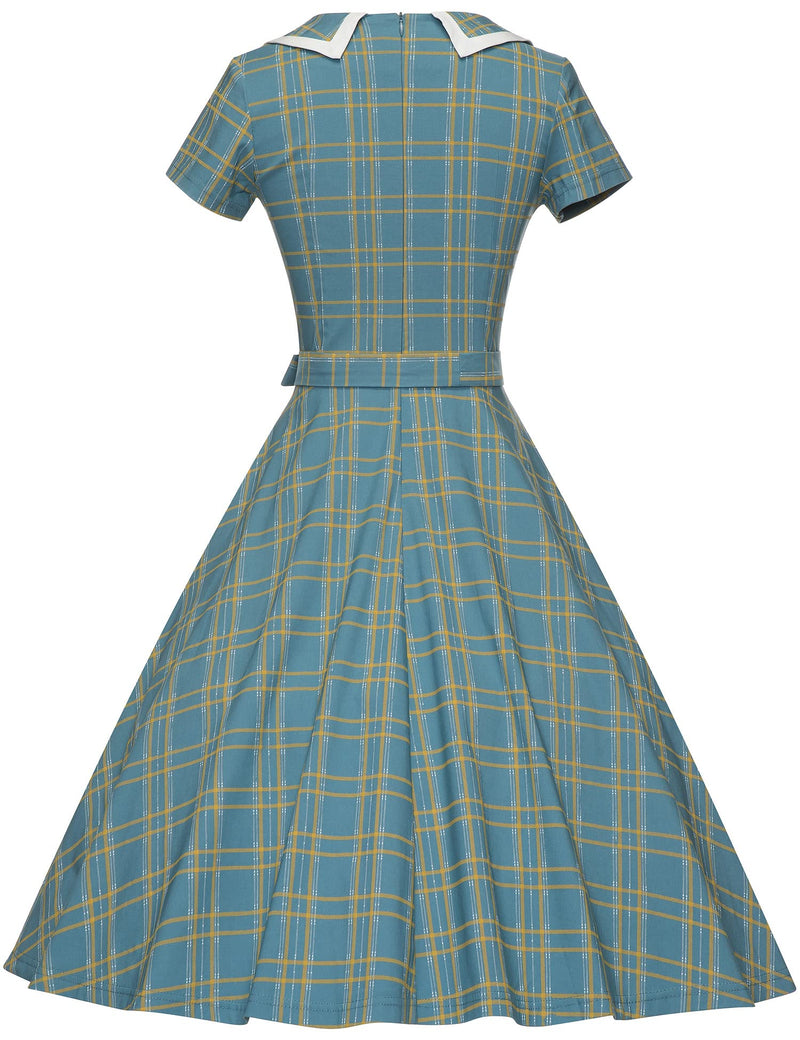 50s Vintage Plaid Peter Pan Collar Swing Dress With Pockets - Gowntownvintage