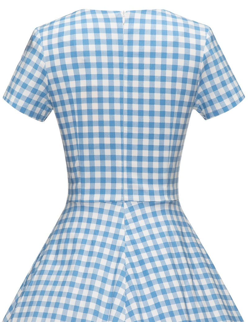 Women`s 50s Lightblue Plaid Inserted V waistline Vintage Party Dress With Pockets - Gowntownvintage