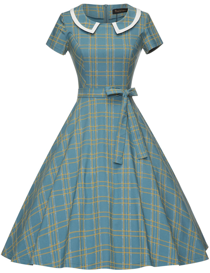 50s Vintage Plaid Peter Pan Collar Swing Dress With Pockets - Gowntownvintage