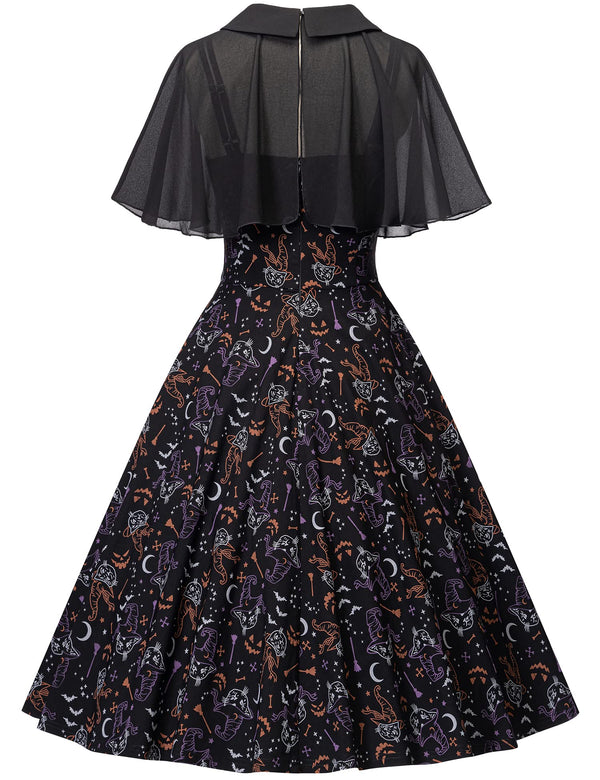 Women`s 1950s  Sweetheart Neckline Gothic Spooky Print  Party Dress With Chiffon Cloak - Gowntownvintage
