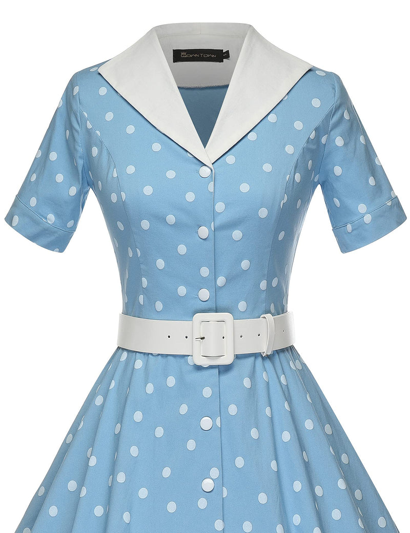 1950s Lapel Collar Vneckline  Lightblue Dot  Shirtwaist Vintage Dress With Belts&Pockets - Gowntownvintage