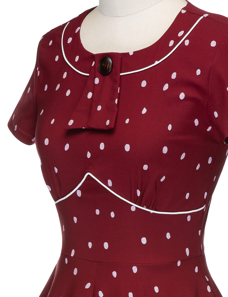 Women`s 50s Darkred Dot Inserted V waistline Vintage Party Dress With Pockets - Gowntownvintage