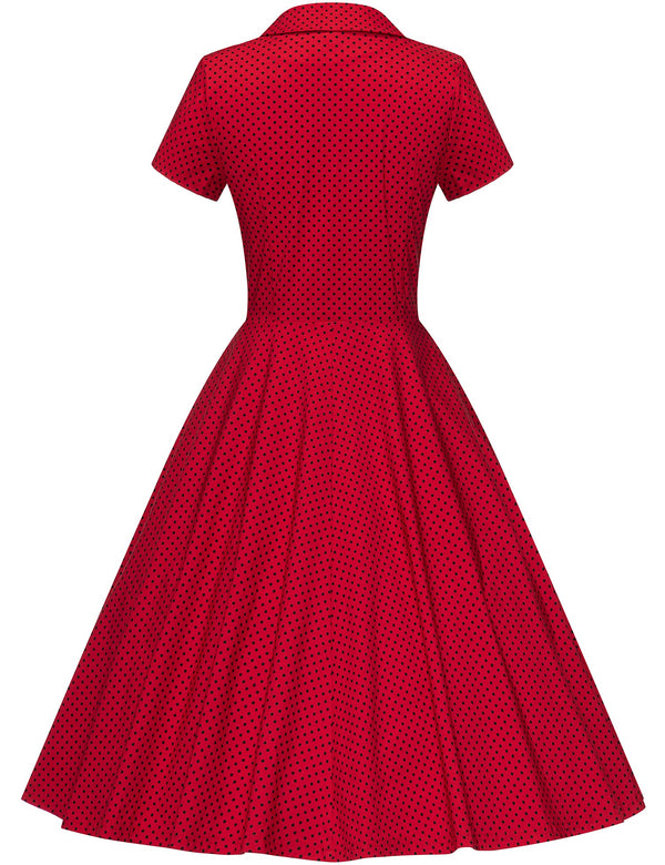 40s 50s Lapel Collar Reddot Vneckline Shirtwaist Vintage Dress With Pockets - Gowntownvintage