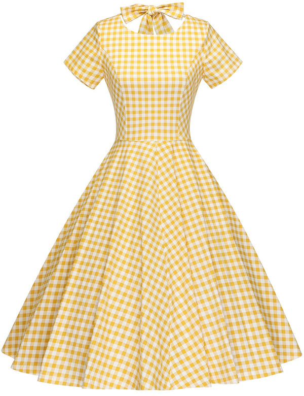 Yellow plaid party swing dress with pockets