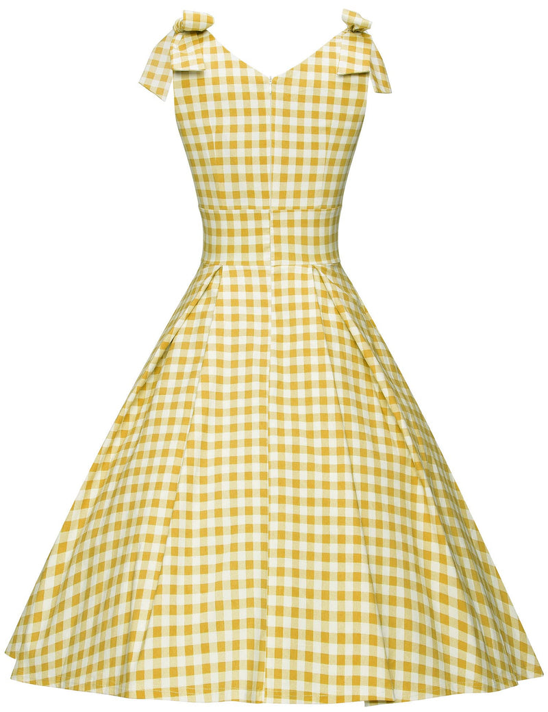 1950s Womens Adjustable Strap Yellowplaid Swing Dress With Pockets - Gowntownvintage