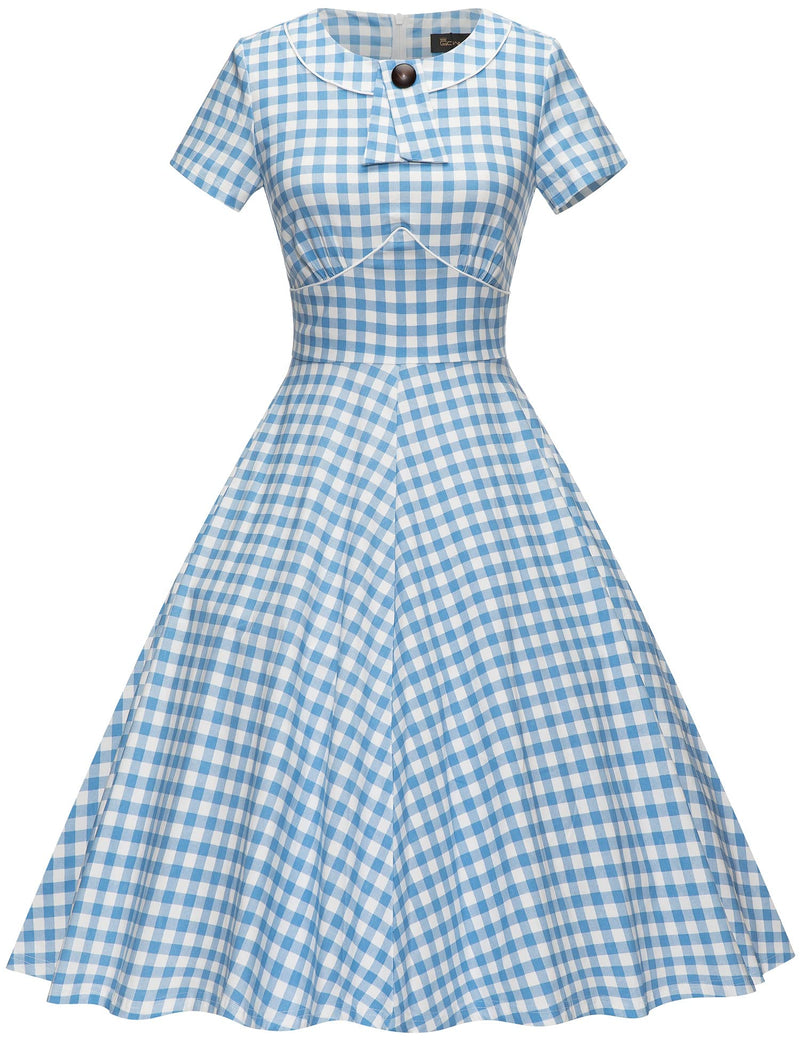 Women`s 50s Lightblue Plaid Inserted V waistline Vintage Party Dress With Pockets - Gowntownvintage