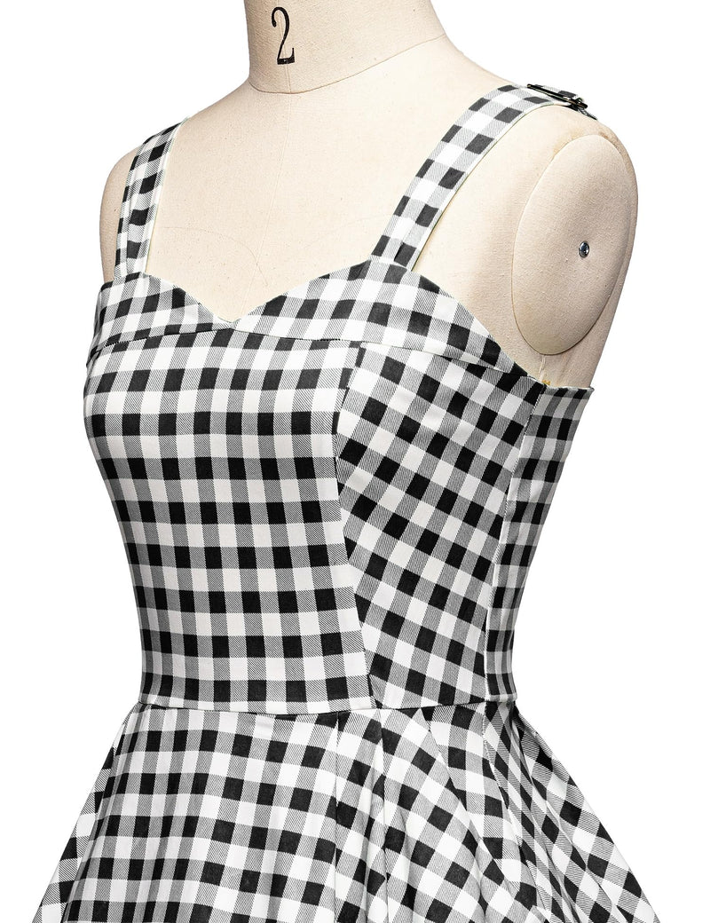 1950s Sweet Heart Neckline Black Plaid Strap Swing Dress With Pockets - Gowntownvintage