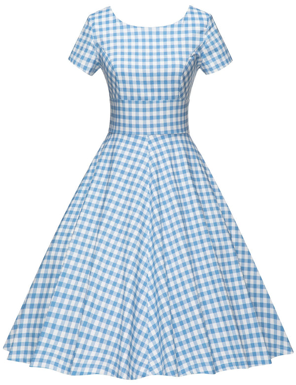 50s Women`s Scoop Collar Blue Plaid Swing Dress With Pockets - Gowntownvintage