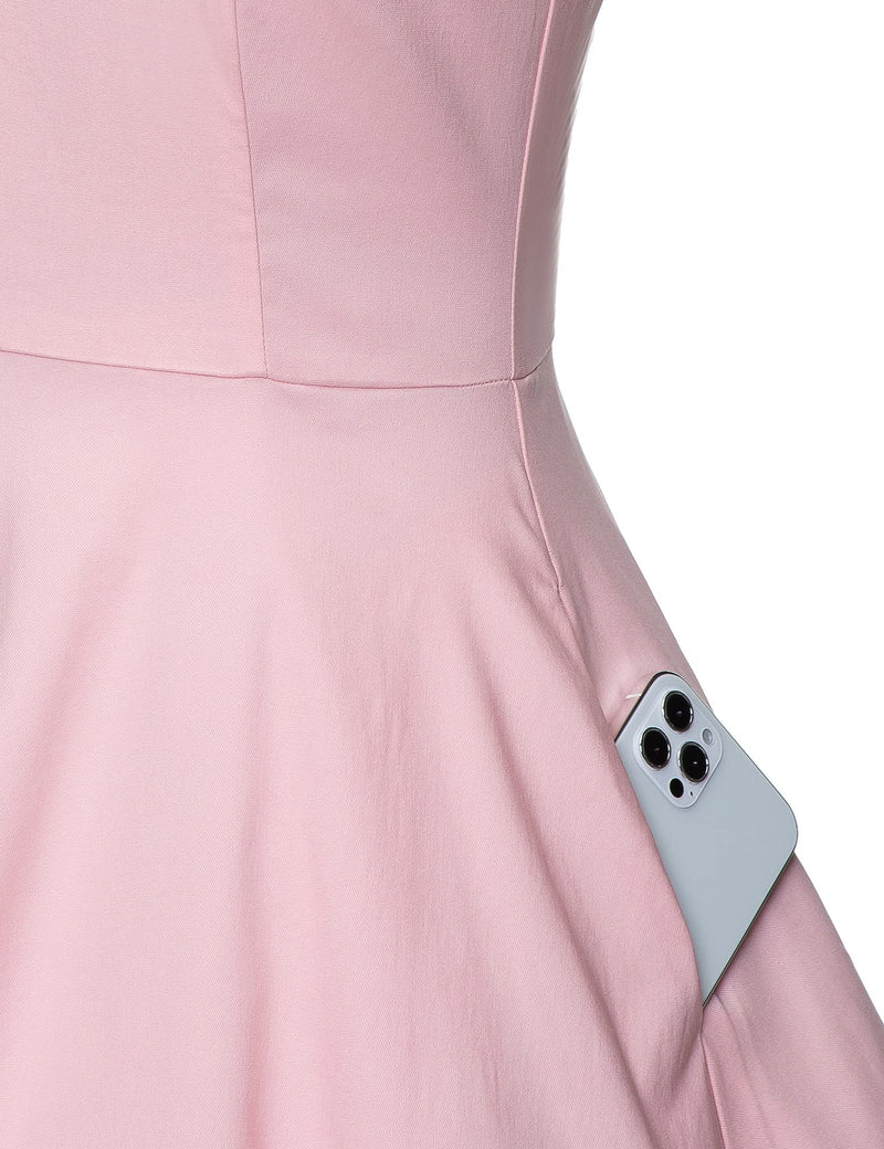 50s  Round Neckline Semi-transparent Lace Top Pink Splicing Party Swing Dress With Pockets - Gowntownvintage