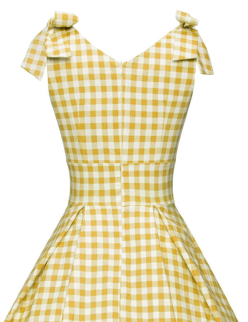 1950s Womens Adjustable Strap Yellowplaid Swing Dress With Pockets - Gowntownvintage