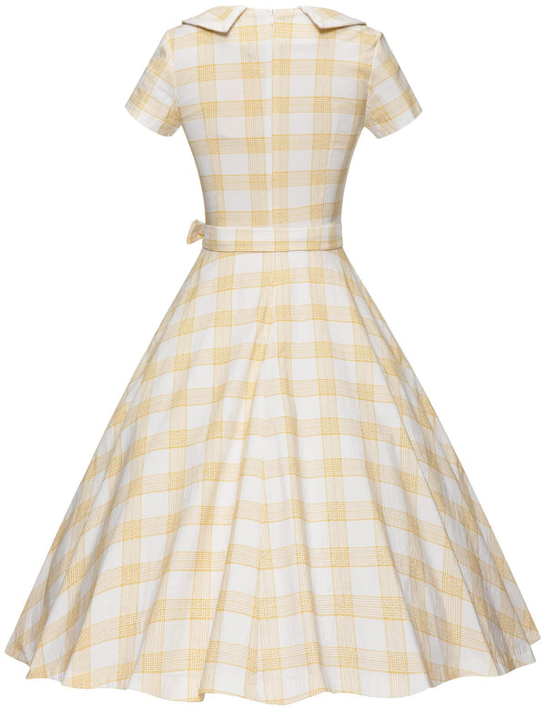 50s  Women`s Retro Dress Yellowplaid Peter Pan Collar Swing Dress With Pockets - Gowntownvintage