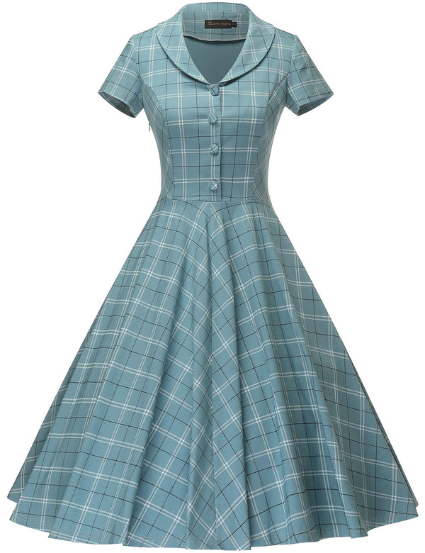 40s 50s Lapel Collar Blueplaid Vneckline Shirtwaist Vintage Dress With Pockets - Gowntownvintage