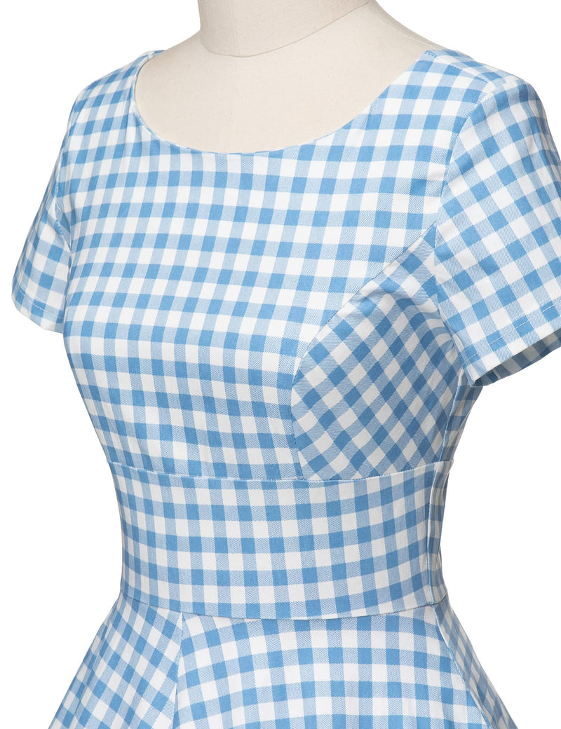 50s Women`s Scoop Collar Blue Plaid Swing Dress With Pockets - Gowntownvintage