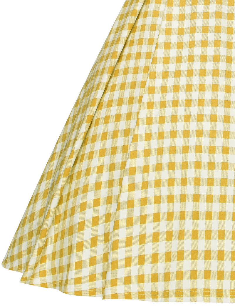 1950s Womens Adjustable Strap Yellowplaid Swing Dress With Pockets - Gowntownvintage