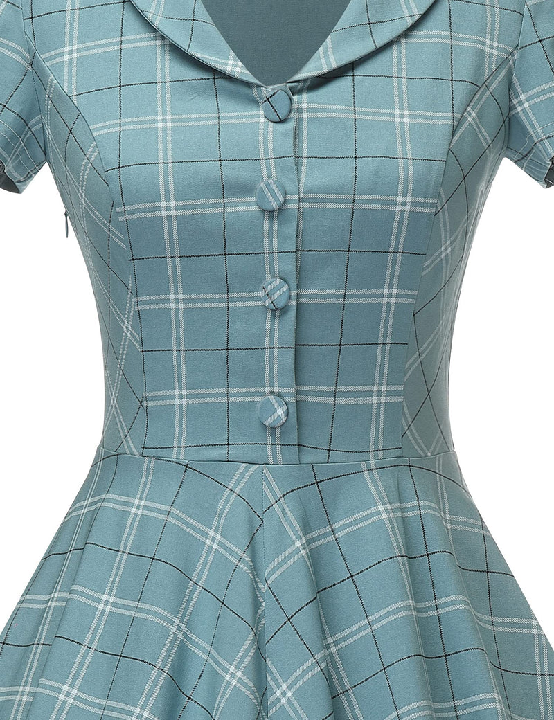 40s 50s Lapel Collar Blueplaid Vneckline Shirtwaist Vintage Dress With Pockets - Gowntownvintage