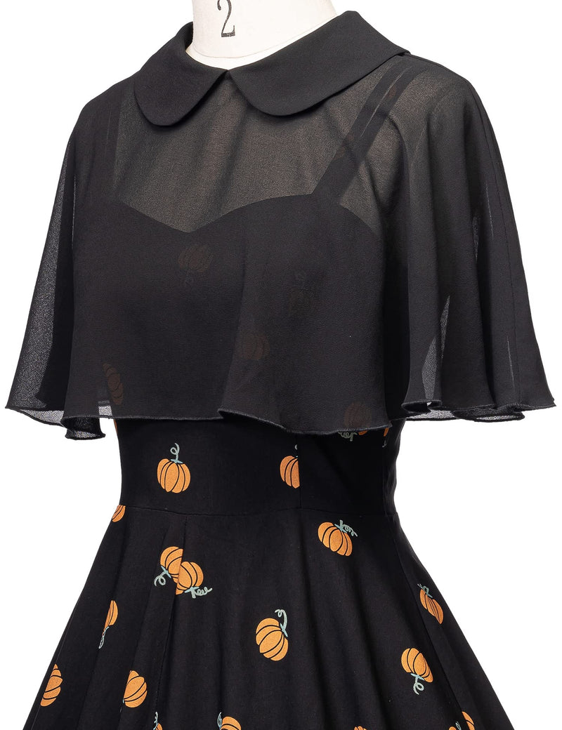 Women`s 1950s  Sweetheart Neckline Gothic Spooky Print  Party Dress With Chiffon Cloak - Gowntownvintage