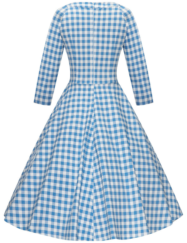 50s Women`s Lightblue Plaid  O neckline Front Bowknot Tie Swing Dress With Pockets - Gowntownvintage