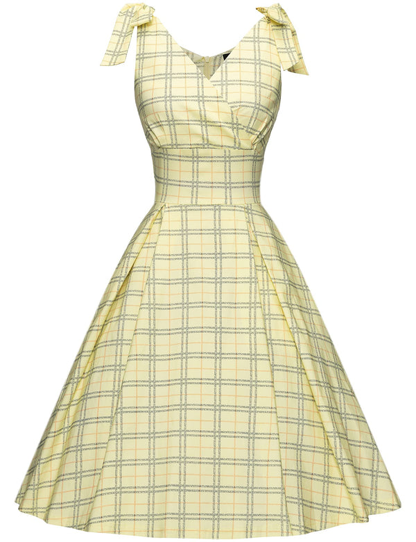 50s Shoulder Bowknot Tie Yellow Plaid Swing Dress With Pockets