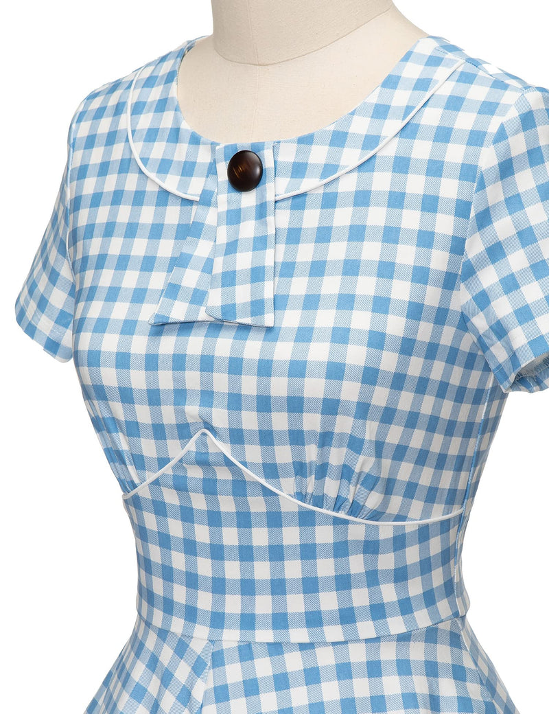 Women`s 50s Lightblue Plaid Inserted V waistline Vintage Party Dress With Pockets - Gowntownvintage