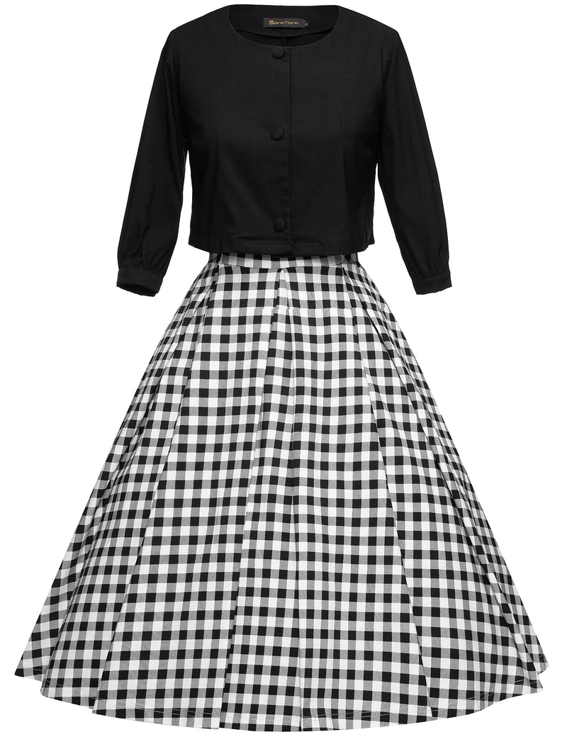 audrey hepburn style round neck black plaid  tea dress with jacket
